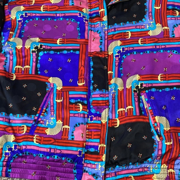 VNTG Mureli 100% Silk Vibrant Purple and Red Bomber Jacket with Artistic Flair - Picture 10 of 10